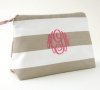 tan stripe monogrammed makeup bag